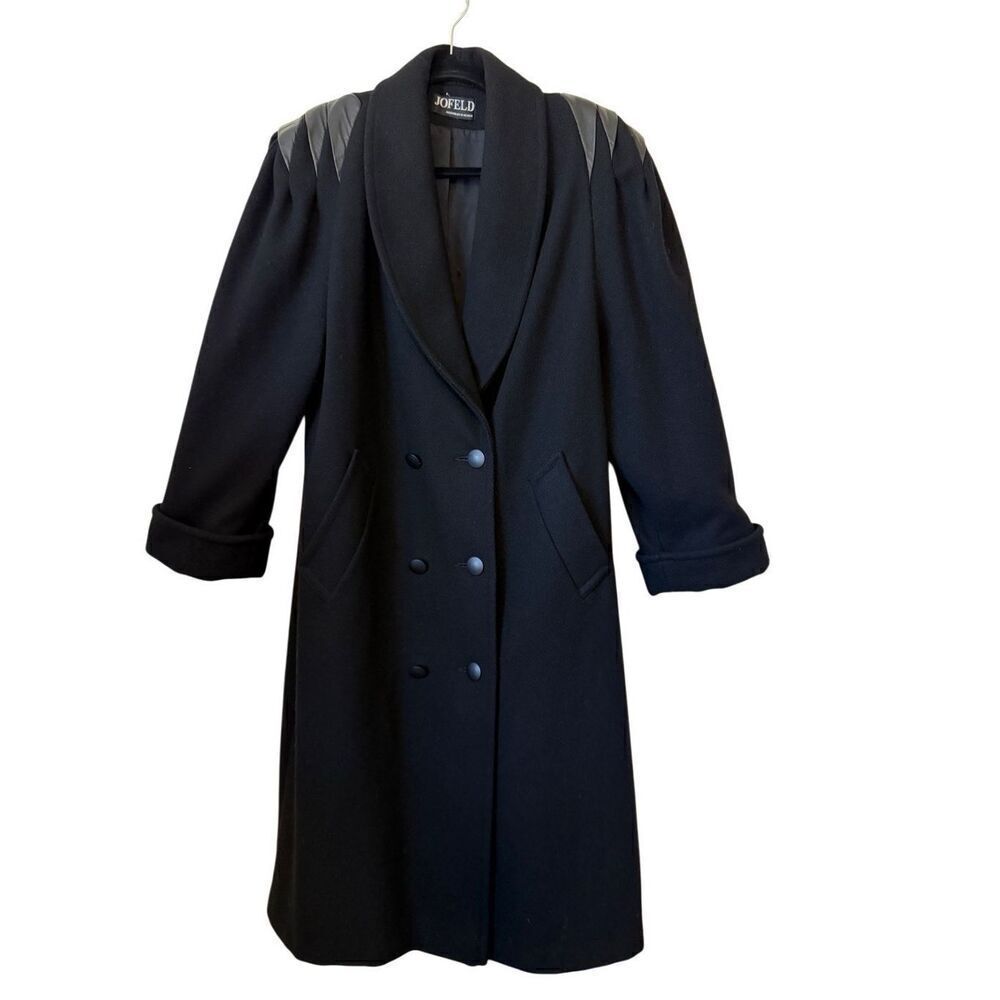 Vtg Jofeld X Forstmann Black Wool/Leather Trim Old Money, Elegant, Goth Coat SzM